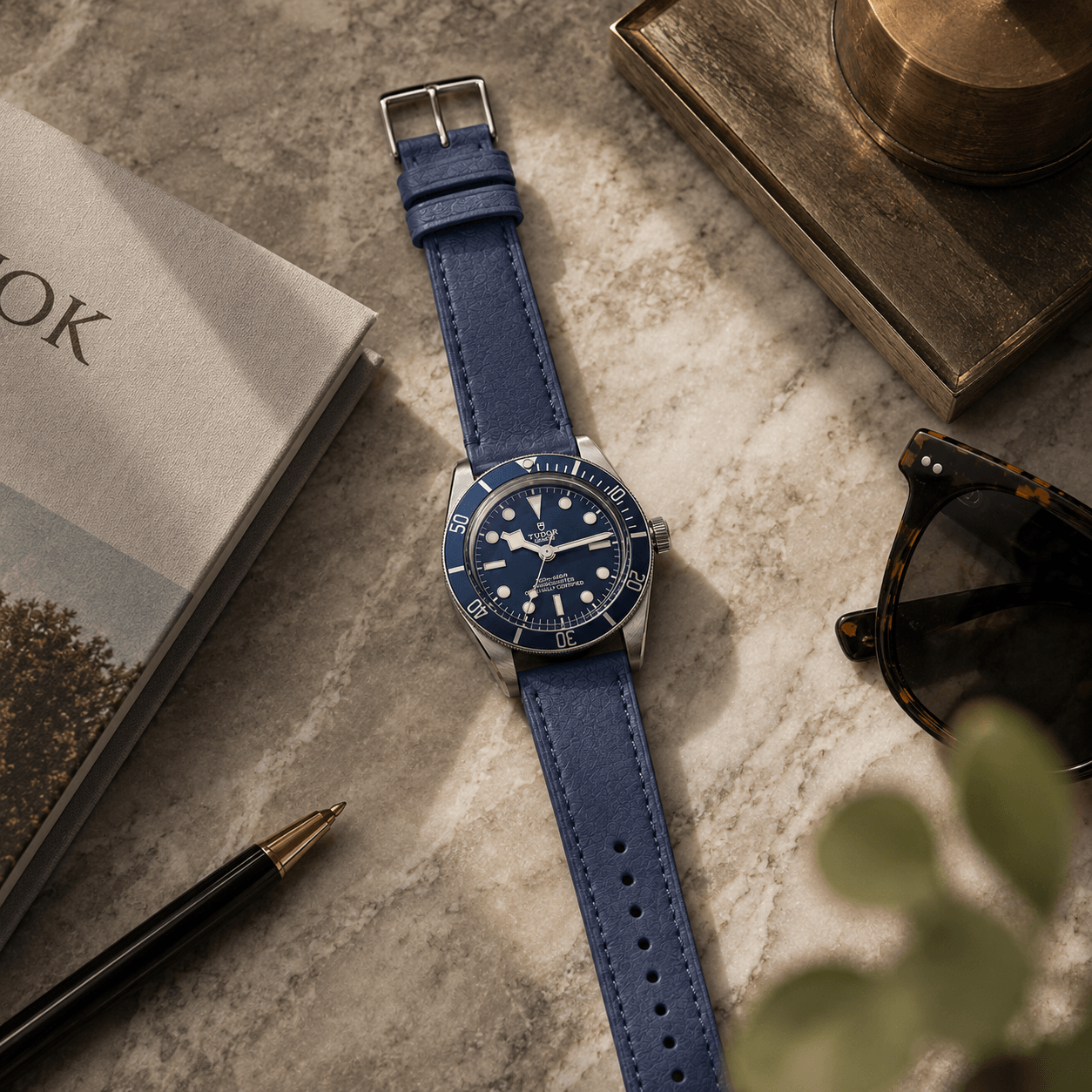 Swift – Uhrenarmband aus italienischem Swift Leder auf einem Marmortisch neben einer Notizbuch und Sonnenbrille.