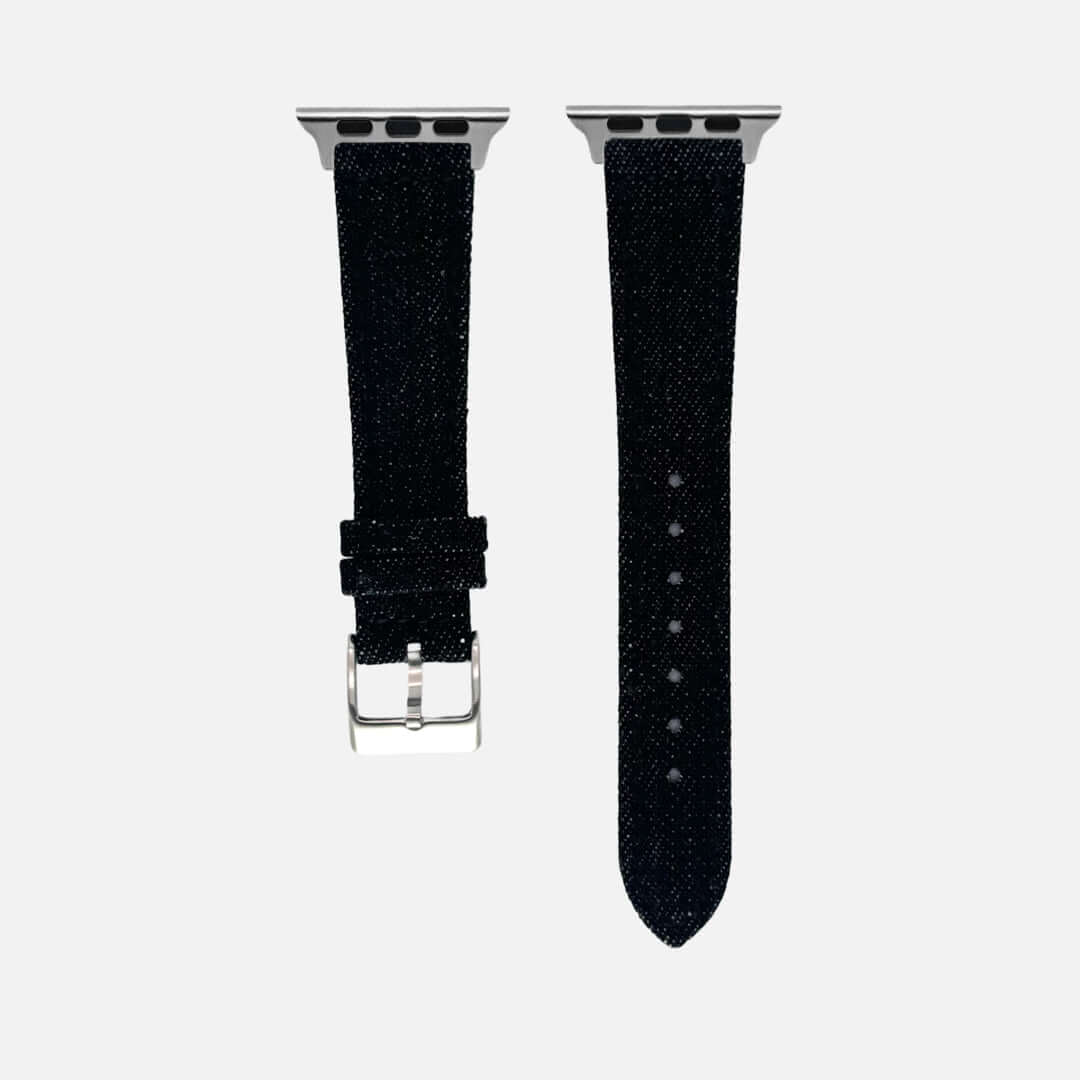 Premium Jeans Apple Watch Band aus hochwertigem japanischem Denim, handgefertigt, mit wasserfestem Kalbleder-Rückseite, urbaner Stil.