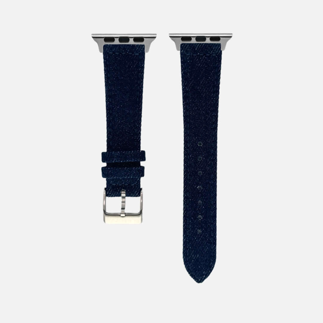 Premium Jeans Apple Watch Band made from authentic Japanese denim with sleek design and durable leather backing.