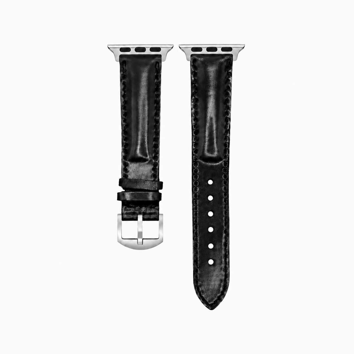 Apple Watch Armband Luxus aus Horween Shell Cordovan in Schwarz mit silberner Hardware, M/L Länge.