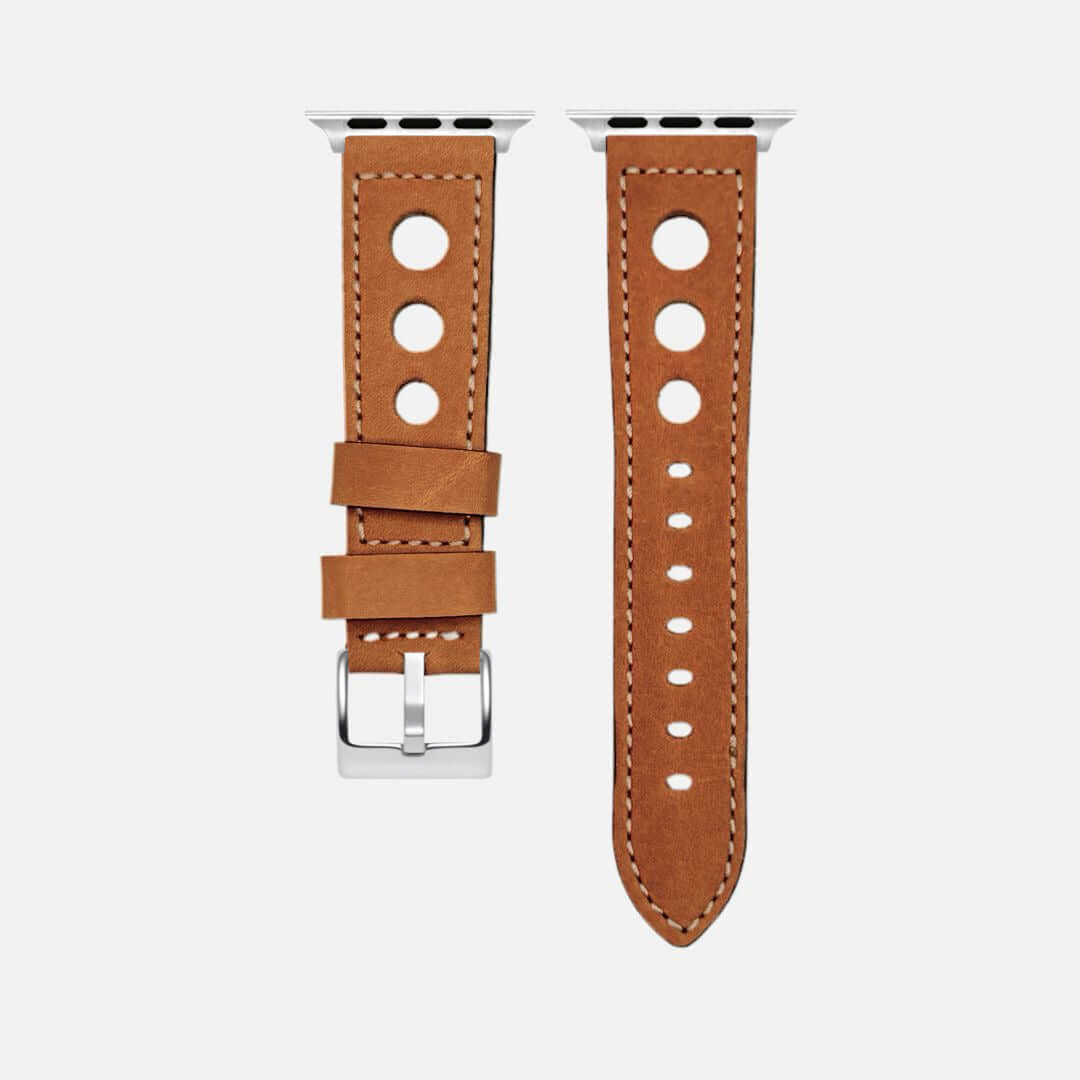 Cognac Rallye Apple Watch Lederarmband im Panerai-Stil, handgefertigt in Deutschland aus feinstem Kalbleder mit markanten Lochungen.