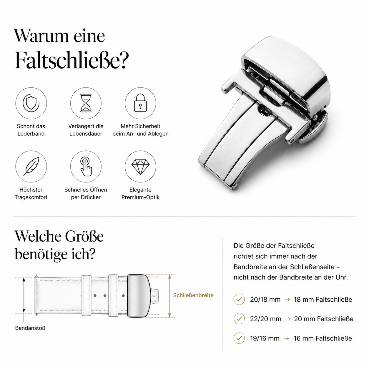 Stainless steel folding clasp for leather watch straps