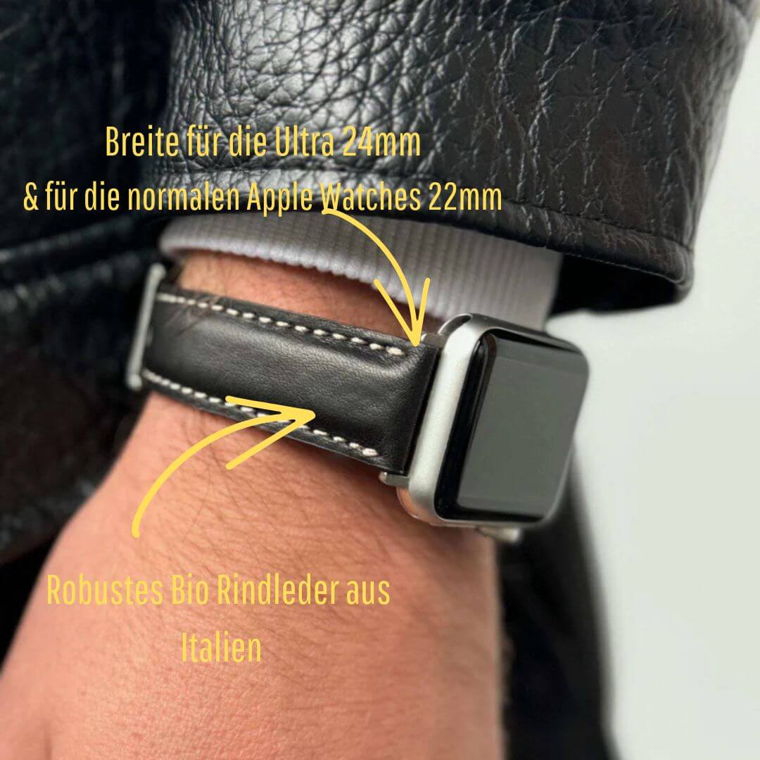 Apple Watch Lederarmband Casablanca – Schwarz aus robustem Bio-Rindleder, passend für alle Apple Watch Modelle von Series 1 bis Ultra.