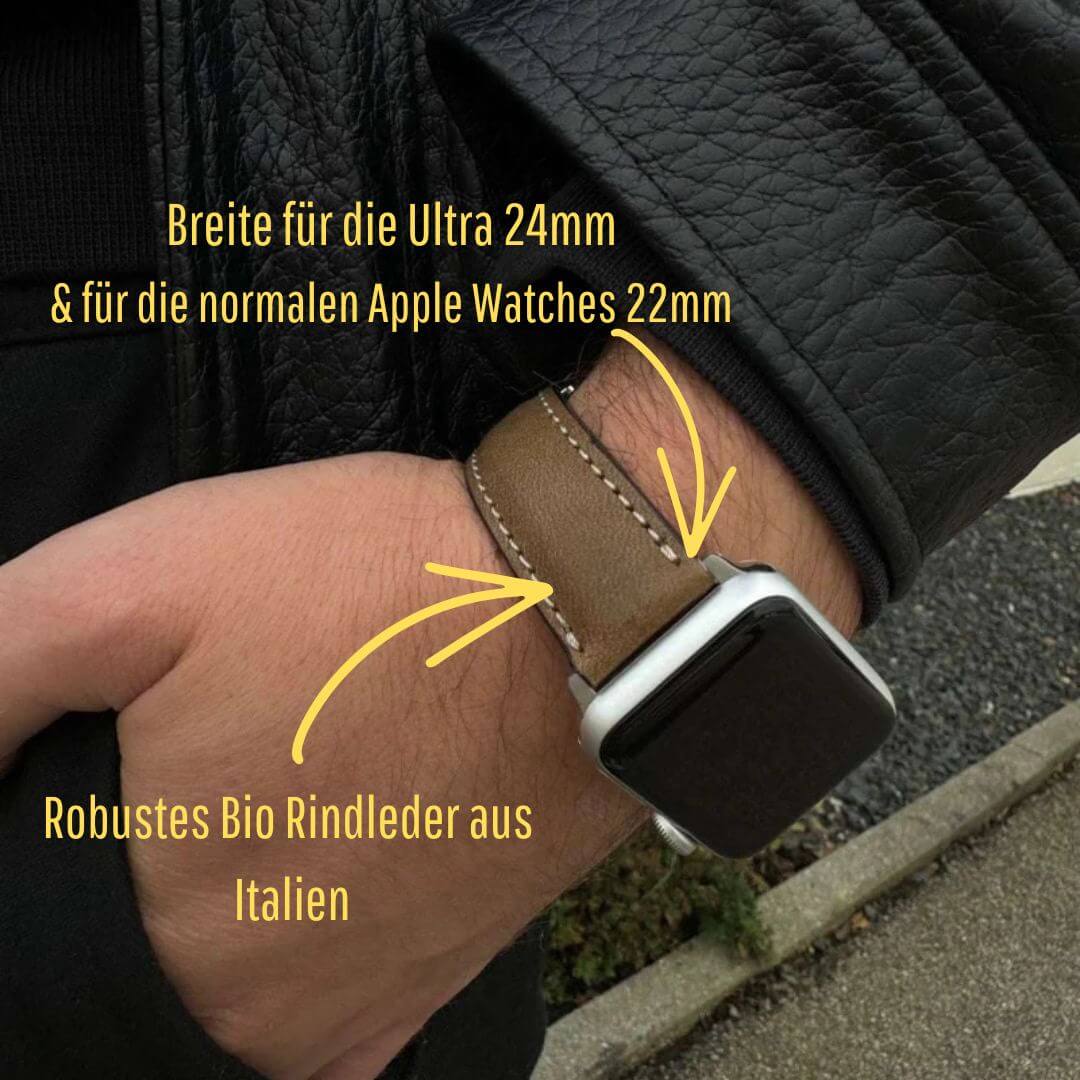 Träger mit Apple Watch Lederarmband Casablanca – Olivegrün aus Bio Rindleder, passend für Ultra 24mm und normale 22mm Modelle.