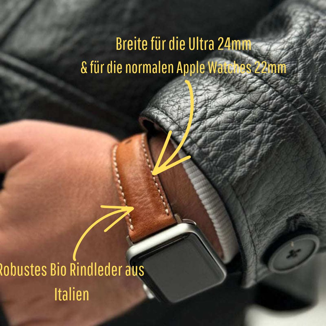 Apple Watch Lederarmband Casablanca – Hellbraun am Handgelenk mit robuster Bio-Rindleder Verarbeitung und eleganter Optik.