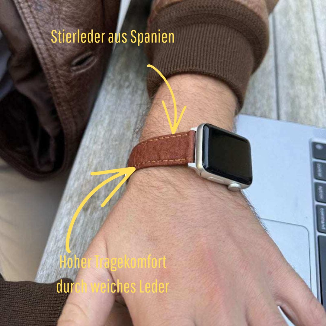 Apple Watch Stierlederarmband Torro Modern Hellbraun an Handgelenk, handgefertigt aus spanischem Leder, hoher Tragekomfort.
