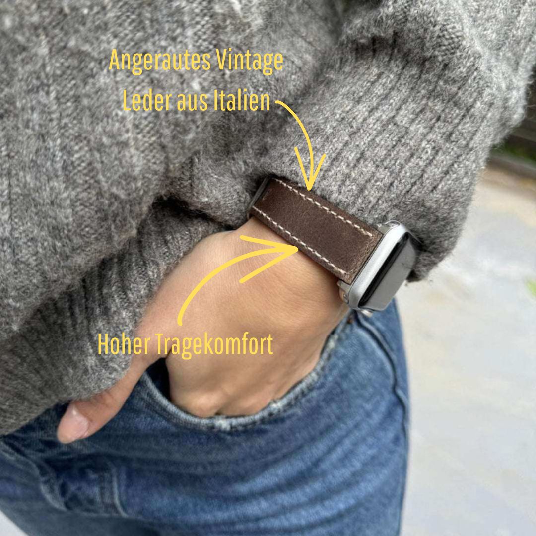 Apple Watch Lederarmband Vintage – Dunkelbraun aus italienischem Leder, getragen am Handgelenk, rustikaler Stil, hoher Tragekomfort.