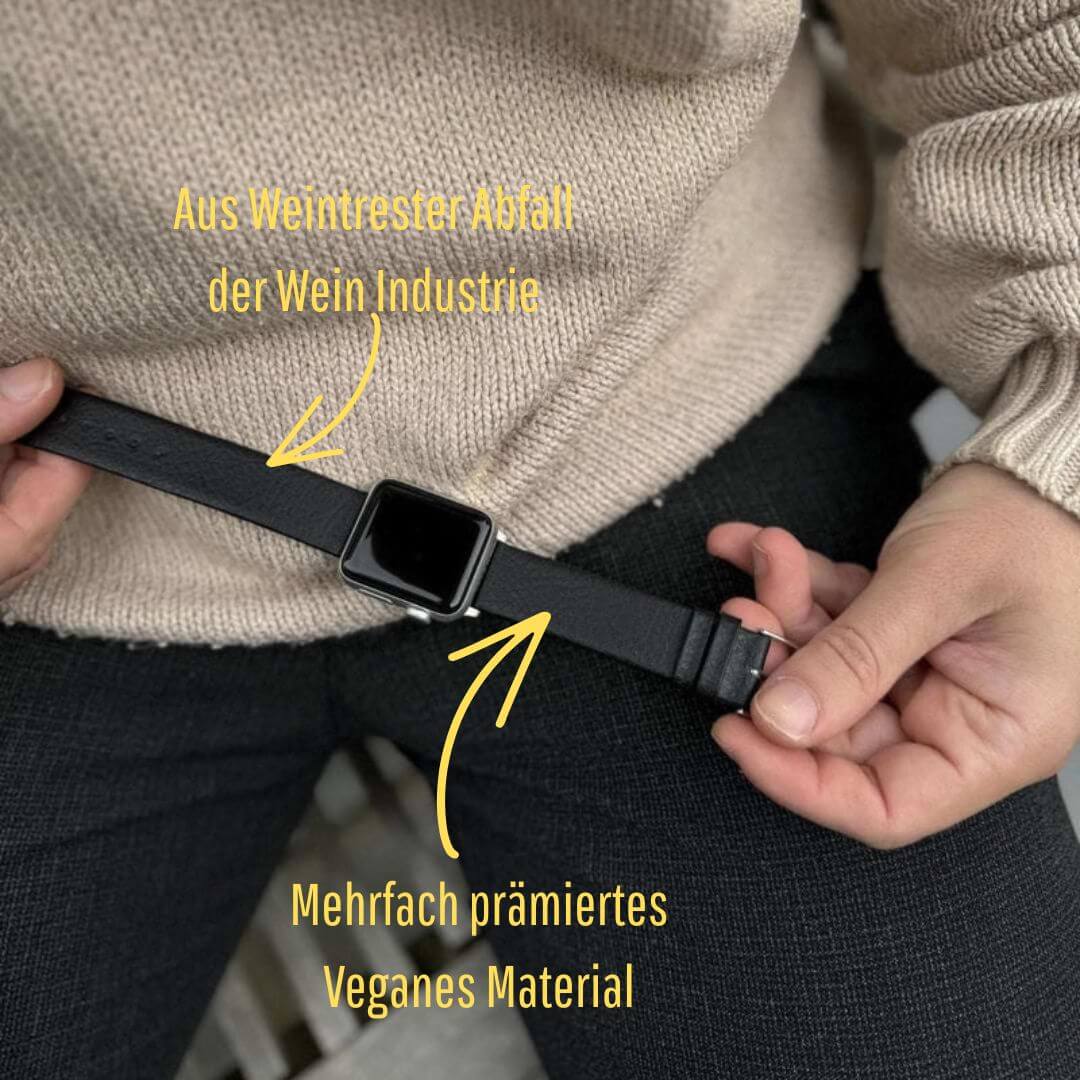 Apple Watch Lederarmband Vegan aus Weinleder – Schwarz, hergestellt aus Weinabfall, mehrfach prämierte vegane Materialien.