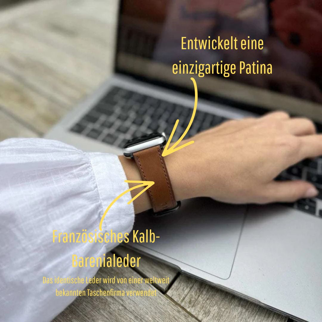 Sattelbraunes Apple Watch Armband Leder - Bidart am Handgelenk mit französischem Kalb-Barenialeder.