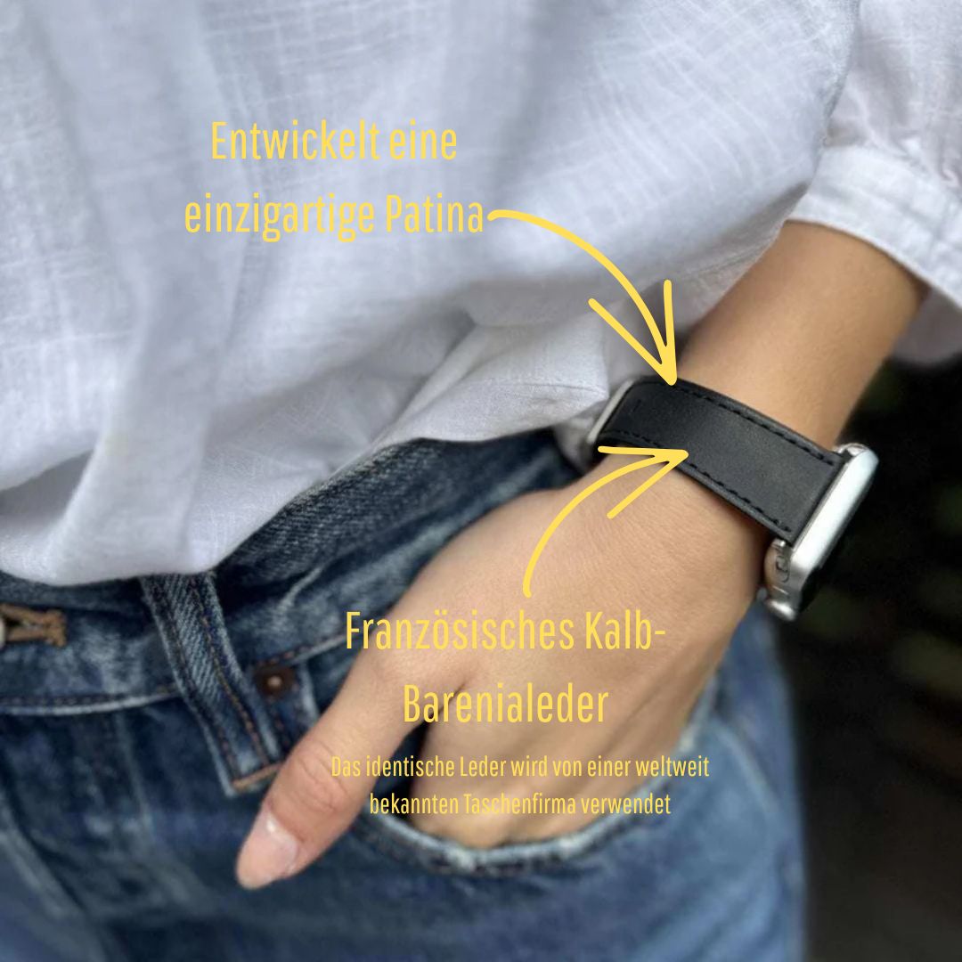Schwarzes Apple Watch Armband Leder - Bidart, stilvoll kombiniert mit Jeans, bekannt für französisches Kalb-Barenialeder und Patina-Entwicklung.