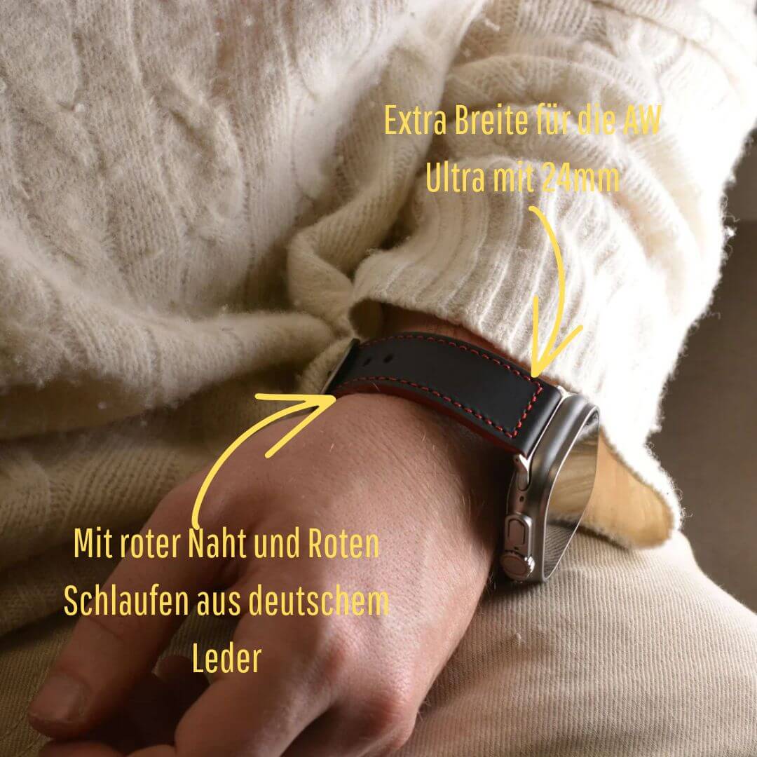 Das Apex – Apple Watch Armband aus schwarzem Motorsport-Kalbleder, inspiriert vom Porsche 911 GT3 RS, getragen am Handgelenk.
