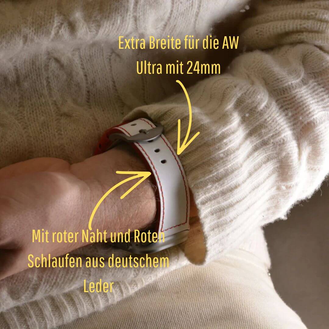 Das Sandlot – Weißes Baseball-Leder Apple Watch Band, inspiriert von Baseballtextur, aus deutschem Kalbleder mit roter Naht aufgenommen.