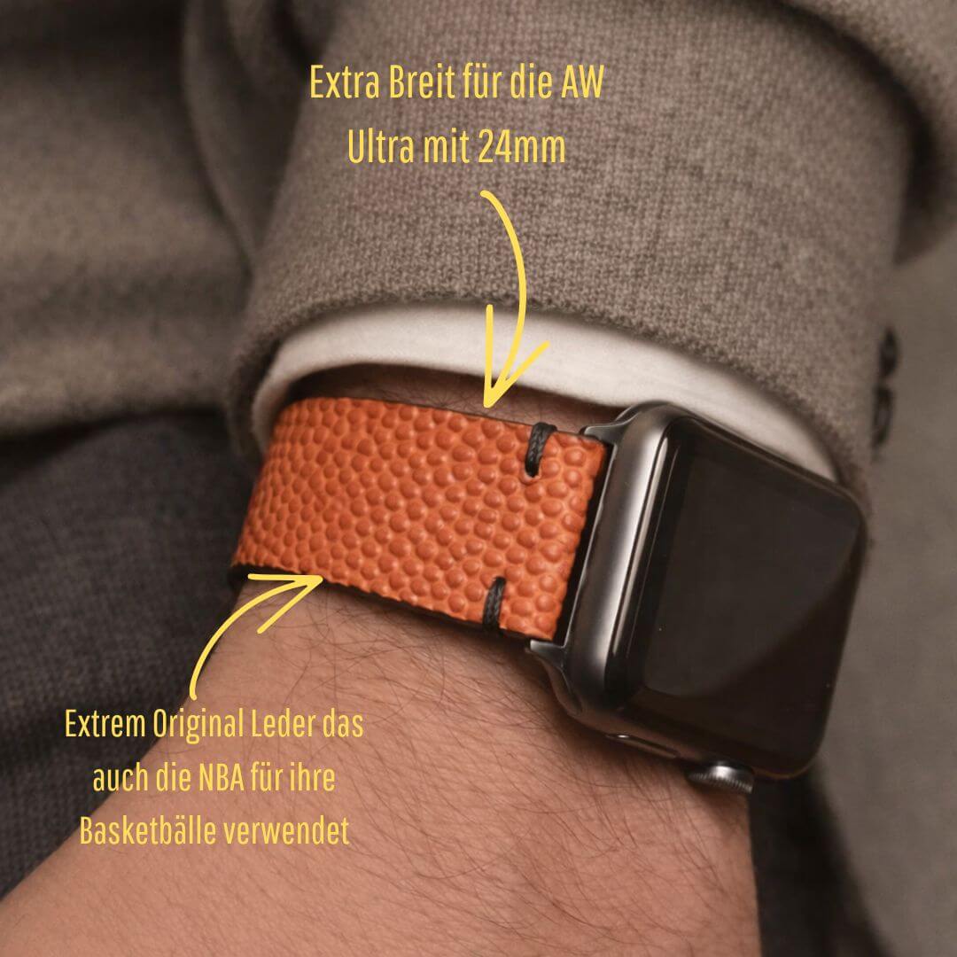 Courtside – Handgefertigt aus original Horween Basketballleder, Uhrband aus NBA-bewährtem Leder, extra breit für AW Ultra, 24mm