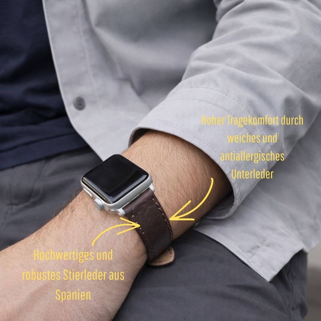 Apple Watch Stierlederarmband Torro Modern Dunkelbraun am Handgelenk getragen, zeigt hochwertigen und robusten Stiernackenleder aus Spanien.