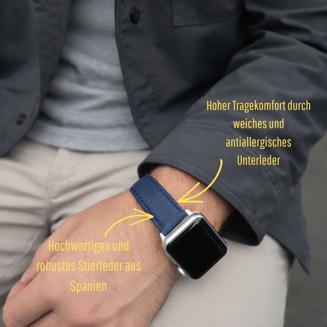 Apple Watch Stierlederarmband Torro Blau getragen, zeigt Komfort und Qualität des spanischen Leders.