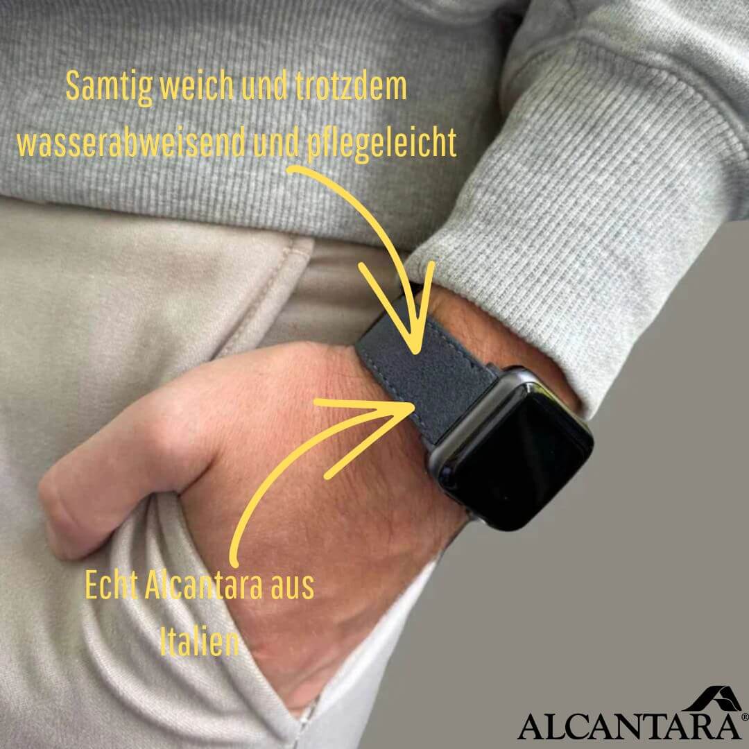Alcantara – Apple Watch Armband in Dunkelgrau, italienisches Design, elegant und pflegeleicht, ideal für jede Gelegenheit.