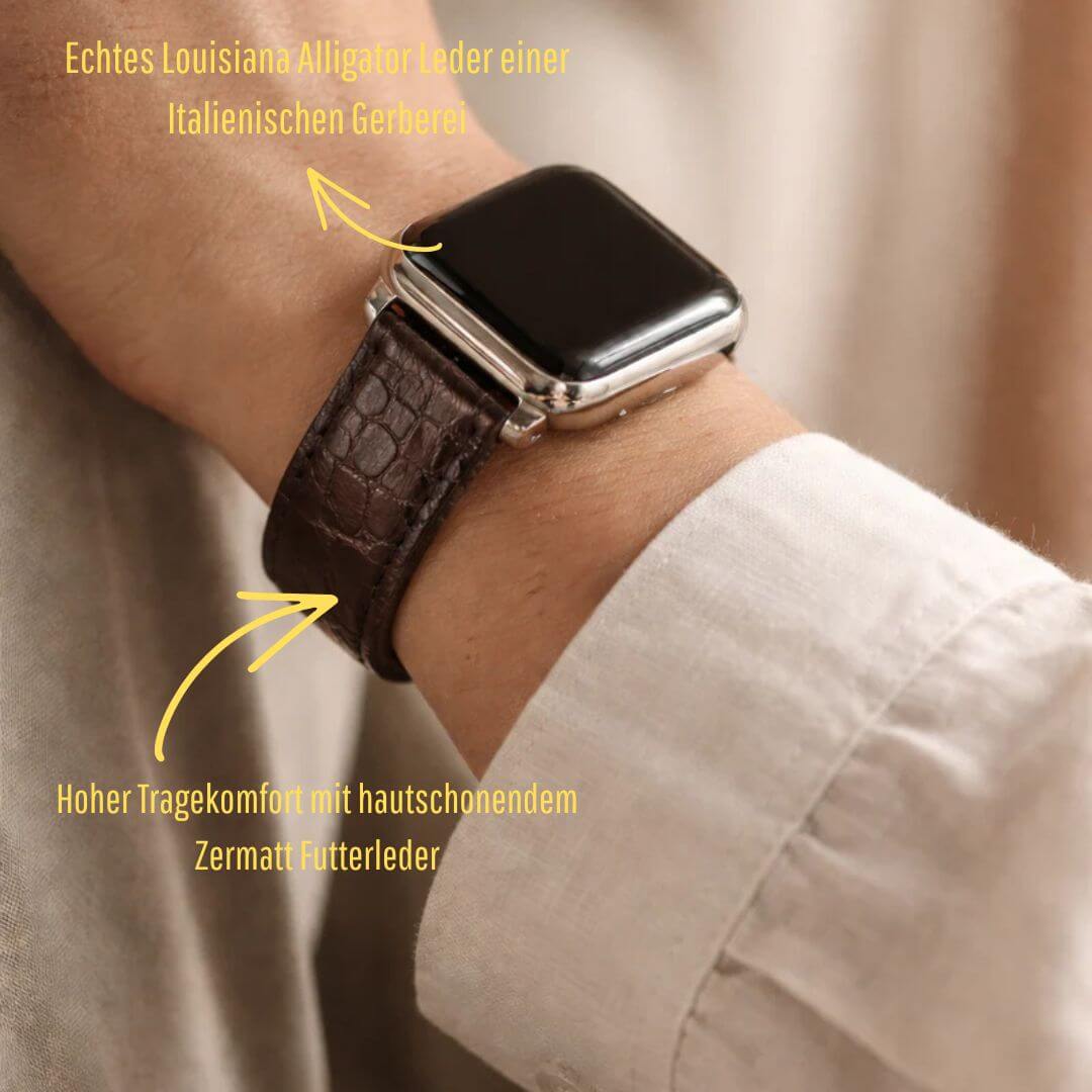 Dunkelbraunes Apple Watch Armband Echt Alligator aus Louisiana-Leder, handgefertigt mit italienischer Gerberei, am Handgelenk getragen.