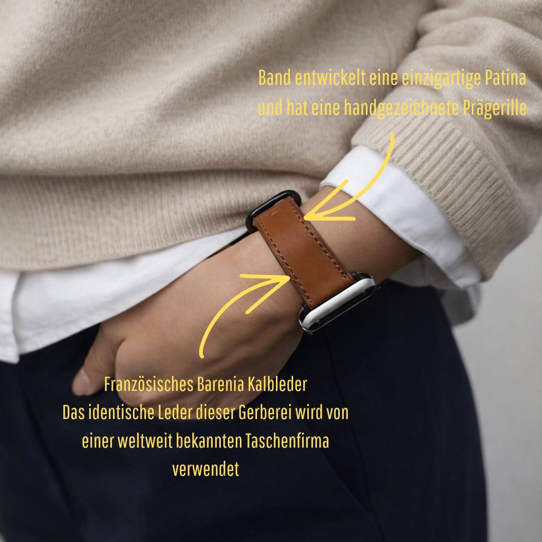 Sattelbraunes Apple Watch Armband Leder - Bidart aus Barenia Leder, handgefertigt, zeigt einzigartiges Design und unvergleichliche Patina.