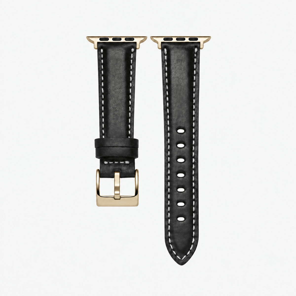 Apple Watch Lederarmband Casablanca – Schwarz, handgefertigtes schwarzes Lederarmband mit goldener Hardware.