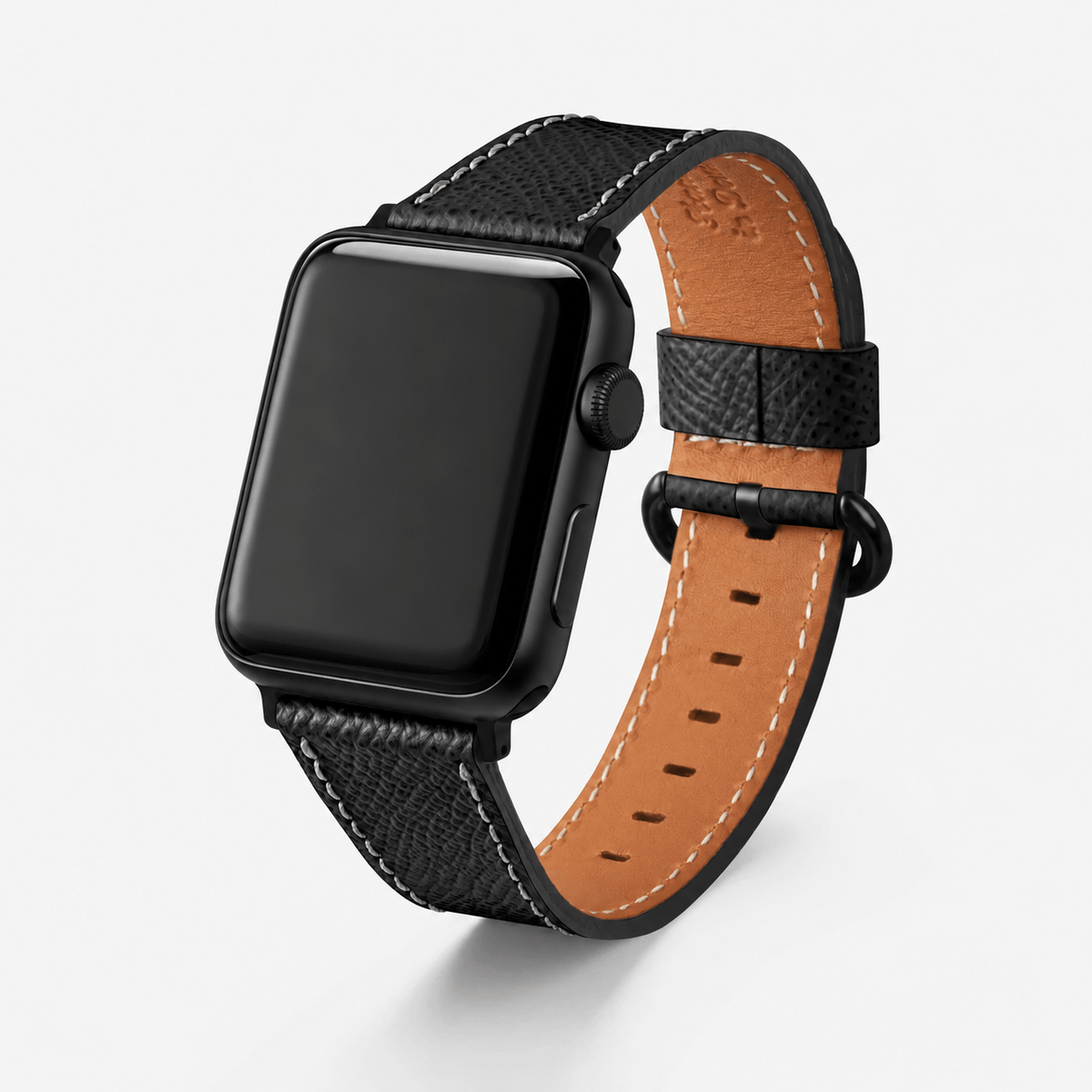 Luxuriöses Apple Watch Lederarmband Damen Cupertino Schwarz auf schwarzem Zifferblatt mit braunem Innenfutter.