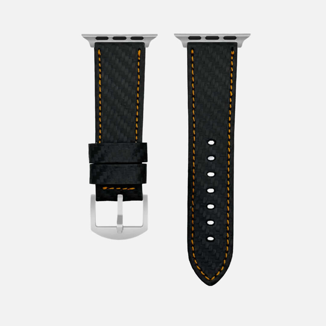 Bergwerk Carbon Orange – Apple Watch Band mit hochwertiger LederCarbon-Struktur, handgefertigt, echtes Rindleder mit Carbon-Prägung.