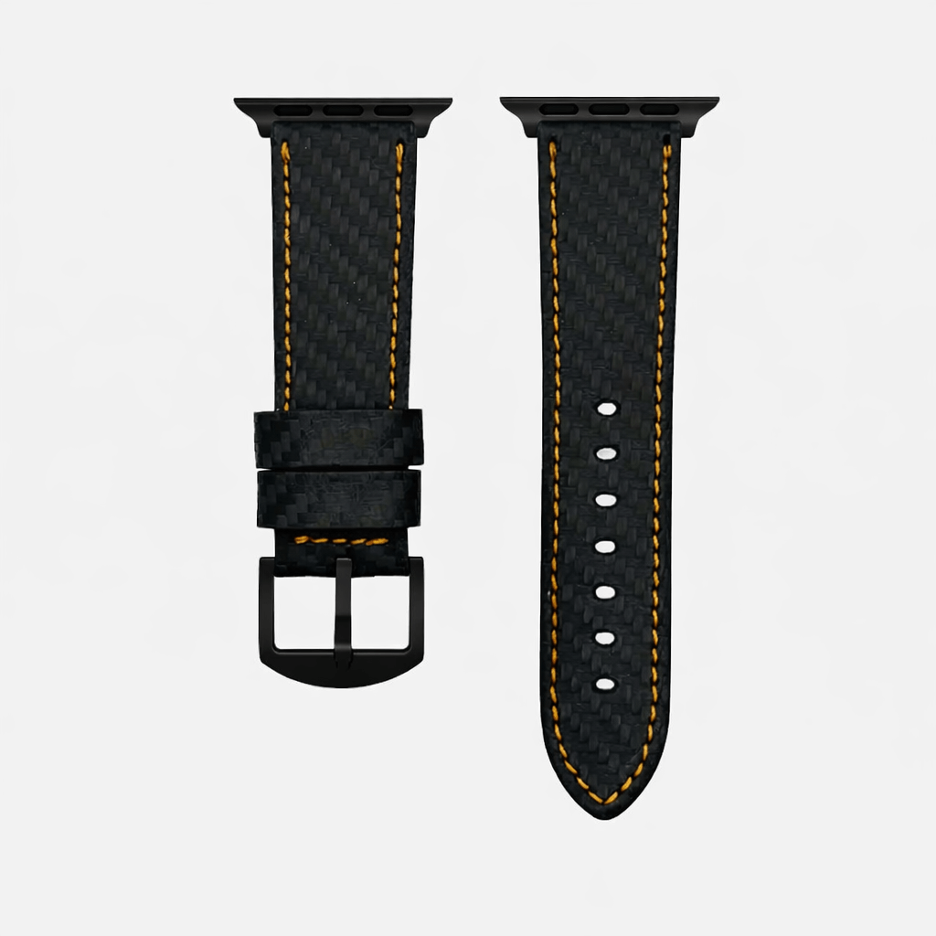 Bergwerk Carbon Orange – Apple Watch Band mit hochwertiger LederCarbon-Struktur, handgefertigt aus echtem Rindleder mit Carbon-Prägung.
