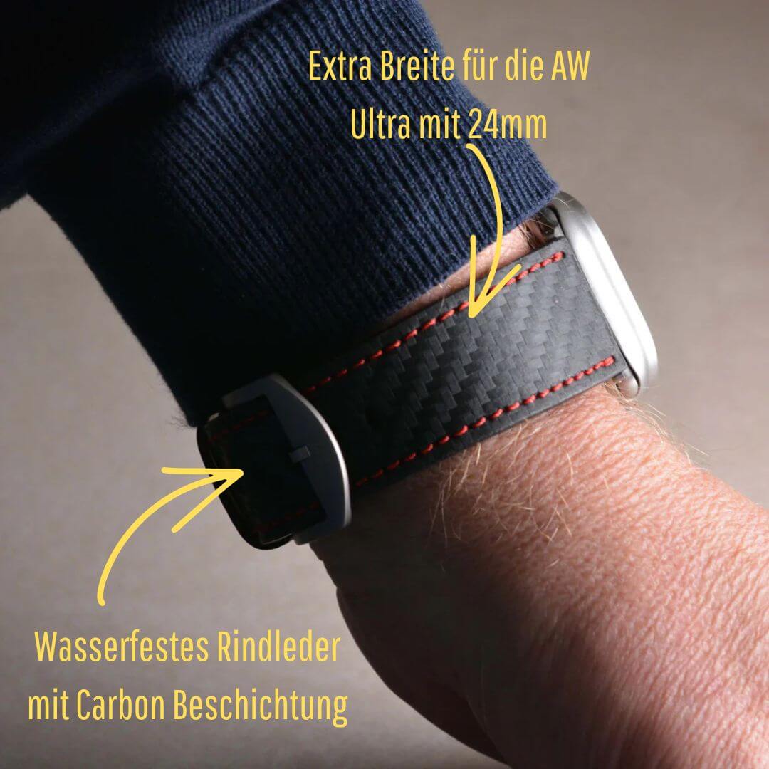Bergwerk Carbon Rot – Apple Watch Band mit hochwertiger LederCarbon-Struktur, Extra Breite für die AW Ultra, Wasserfestes Rindleder.