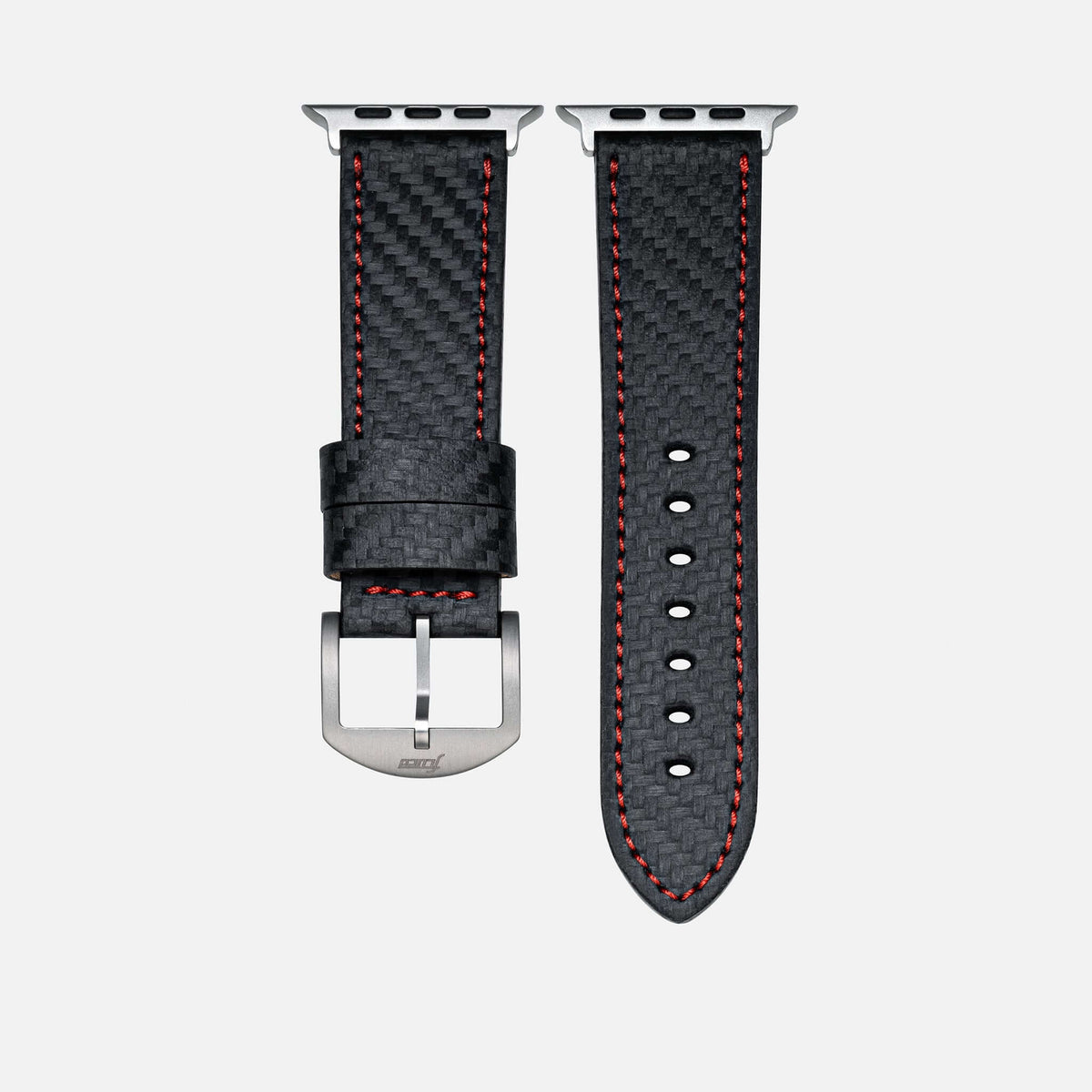 Bergwerk Carbon Rot – Apple Watch Band mit hochwertiger LederCarbon-Struktur in Schwarz mit roter Naht und silberner Hardware.