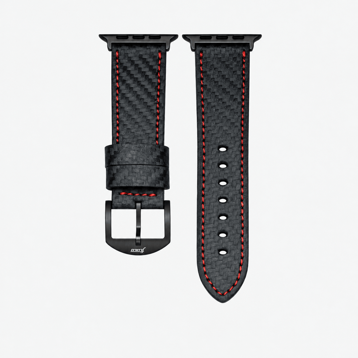 Bergwerk Carbon Rot – Apple Watch Band mit hochwertiger LederCarbon-Struktur, schwarzes Leder mit roter Naht.