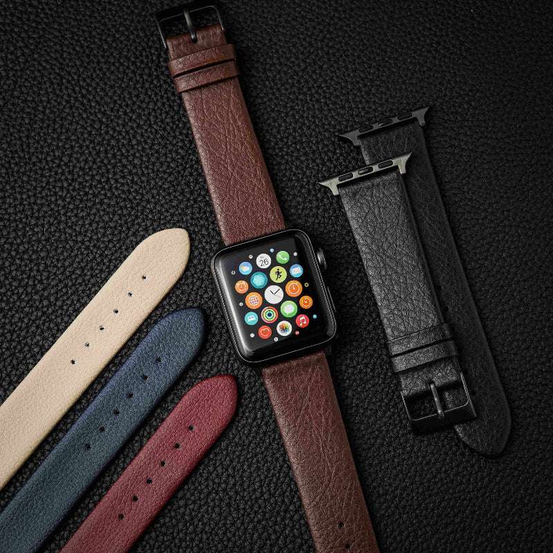 Braunes veganes Weinleder-Armband für Apple Watch – Nachhaltiges pflanzliches Lederarmband, die anderen Farben liegen daneben