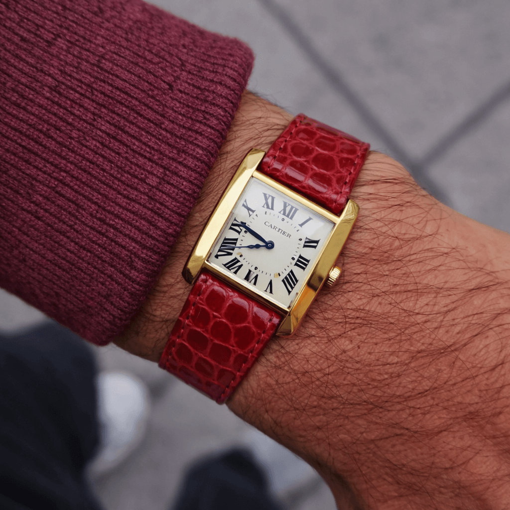 New Orleans – Flaches Uhrenarmband aus Louisiana-Alligatorleder kurze Länge 18mm, passend für Cartier, in Rot.