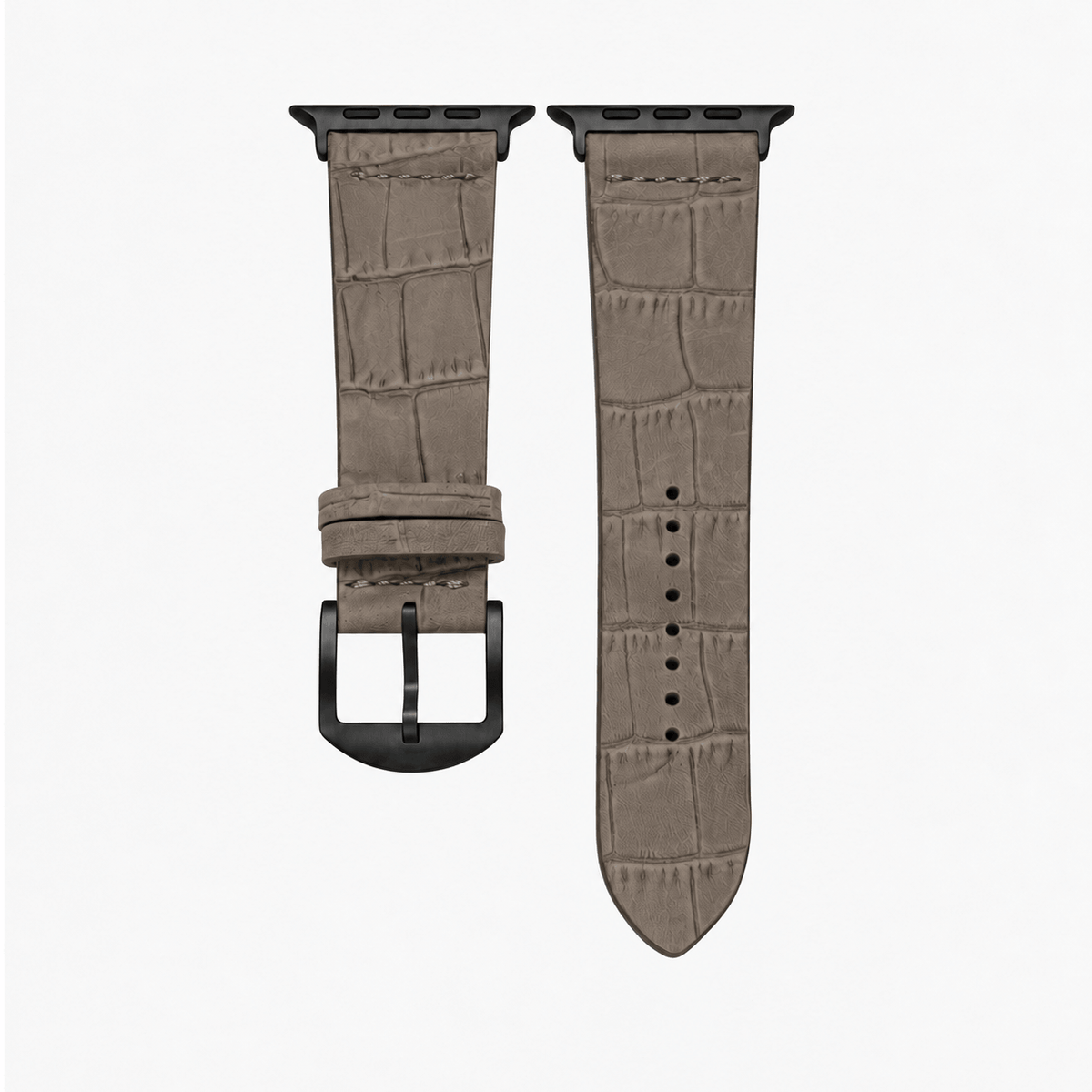 Dakkar Taubengrau – 24 mm Apple Watch Ultra Lederarmband in Kroko-Optik mit Krokoprägung und schwarzem Adapter.