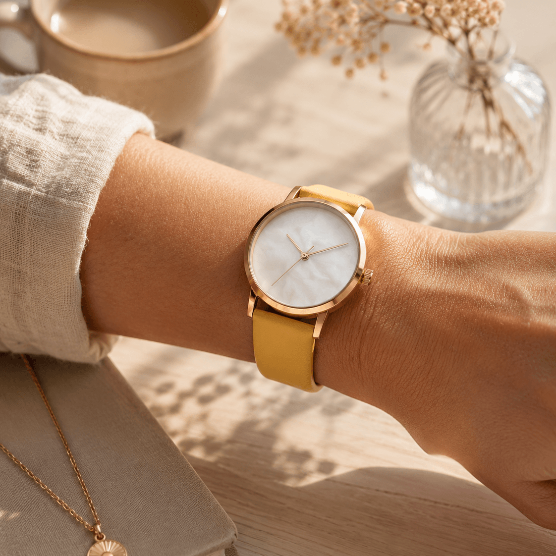 Holiday – Feines Uhrenarmband aus Leder für Damenuhren an einem Handgelenk, kombiniert mit einer eleganten Uhr.