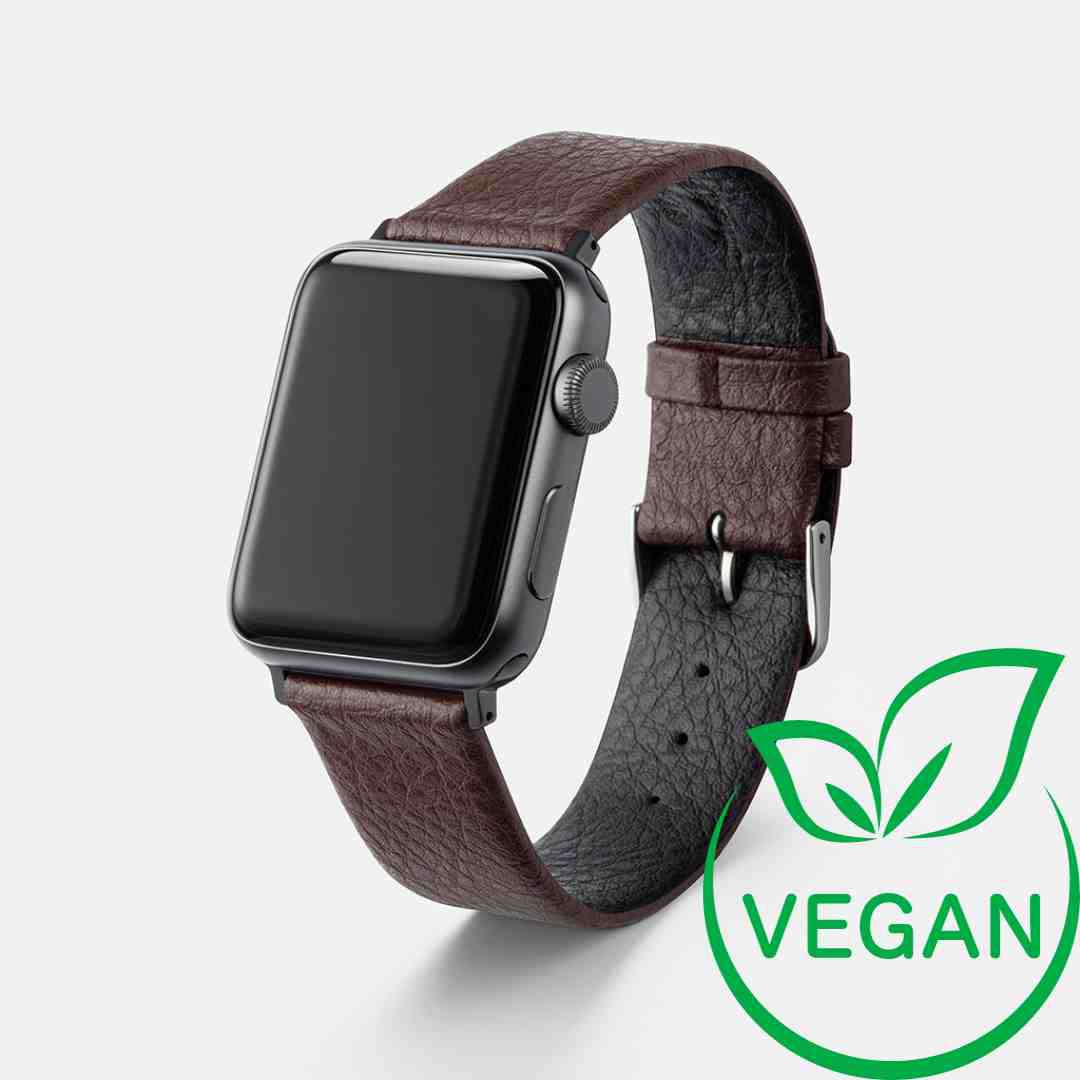 Dunkelbraunes veganes Weinleder-Armband für Apple Watch – Nachhaltiges pflanzliches Lederarmband, Freistelleransicht