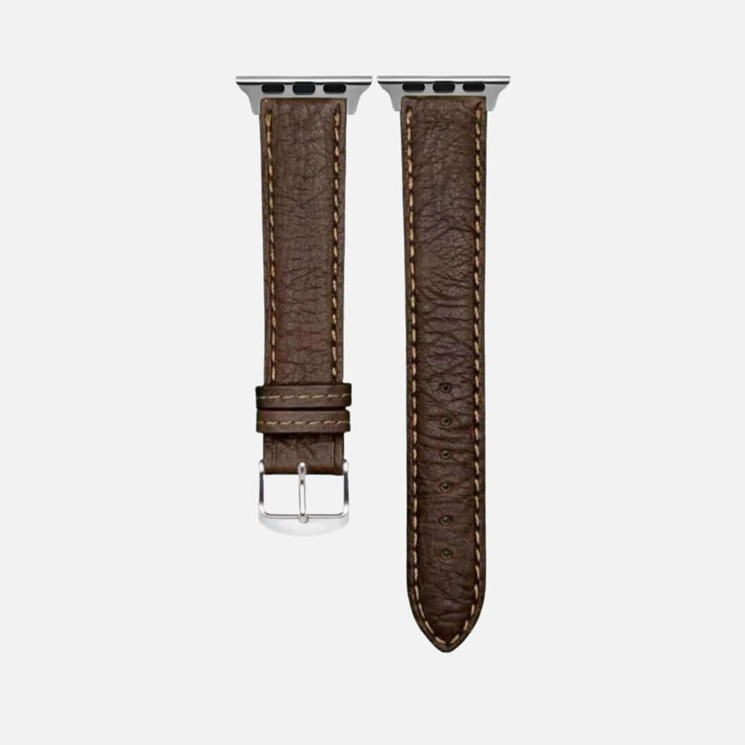 Dunkelbraunes rustikales Stierleder-Armband für Apple Watch – Handgefertigtes, strapazierfähiges Lederarmband, Freistelleransicht
