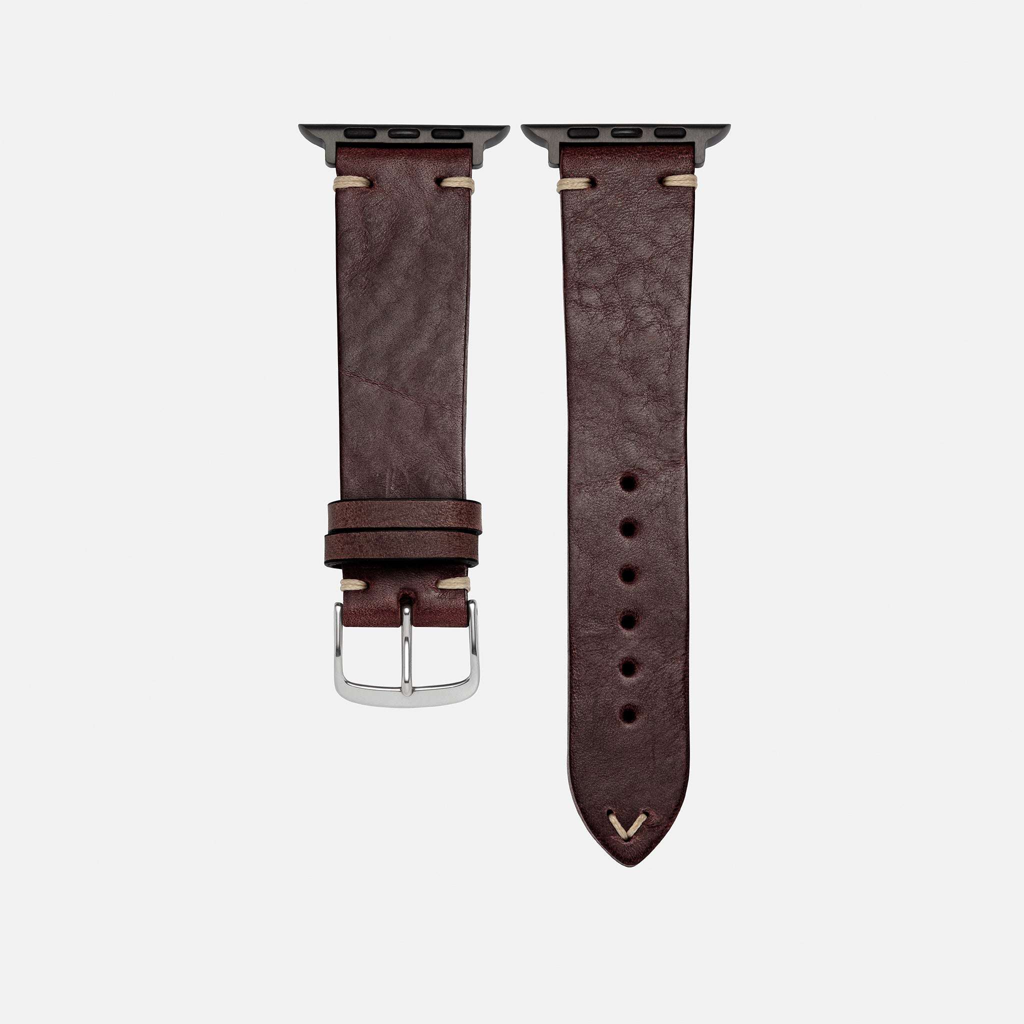 Detailansicht des braunen Apple Watch Armband Leder Herren, schöne Verarbeitung in Nahaufnahme.