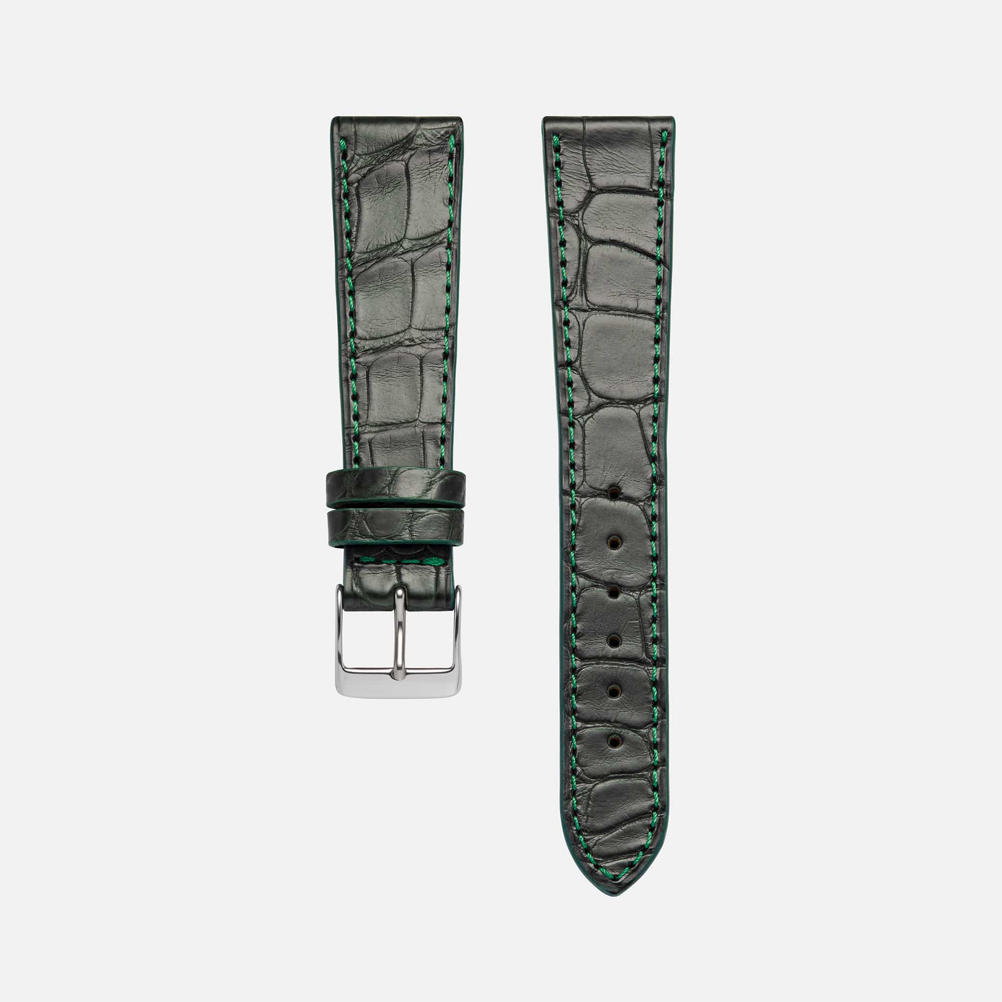 Dunkelgrünes Fluco Alligatorleder Uhrenarmband – Freisteller des hochwertigen dunkelgrünen Alligatorlederarmbands, Made in Germany, ideal für luxuriöse Zeitmesser wie die Rolex