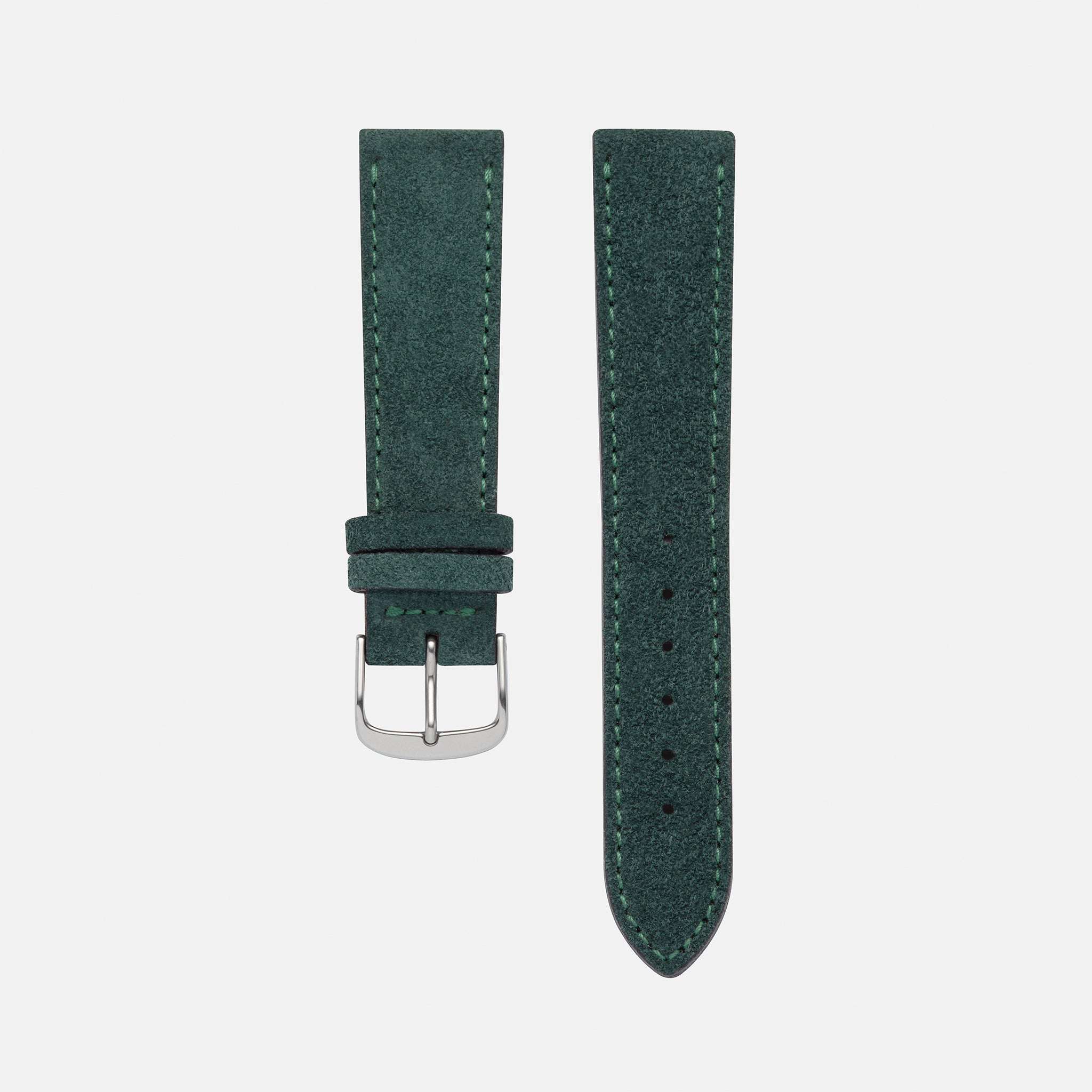 Dunkelgrünes Nizza Velourslederarmband im Freisteller, das die hochwertige Verarbeitung und den eleganten Look des Uhrenarmbands hervorhebt.
