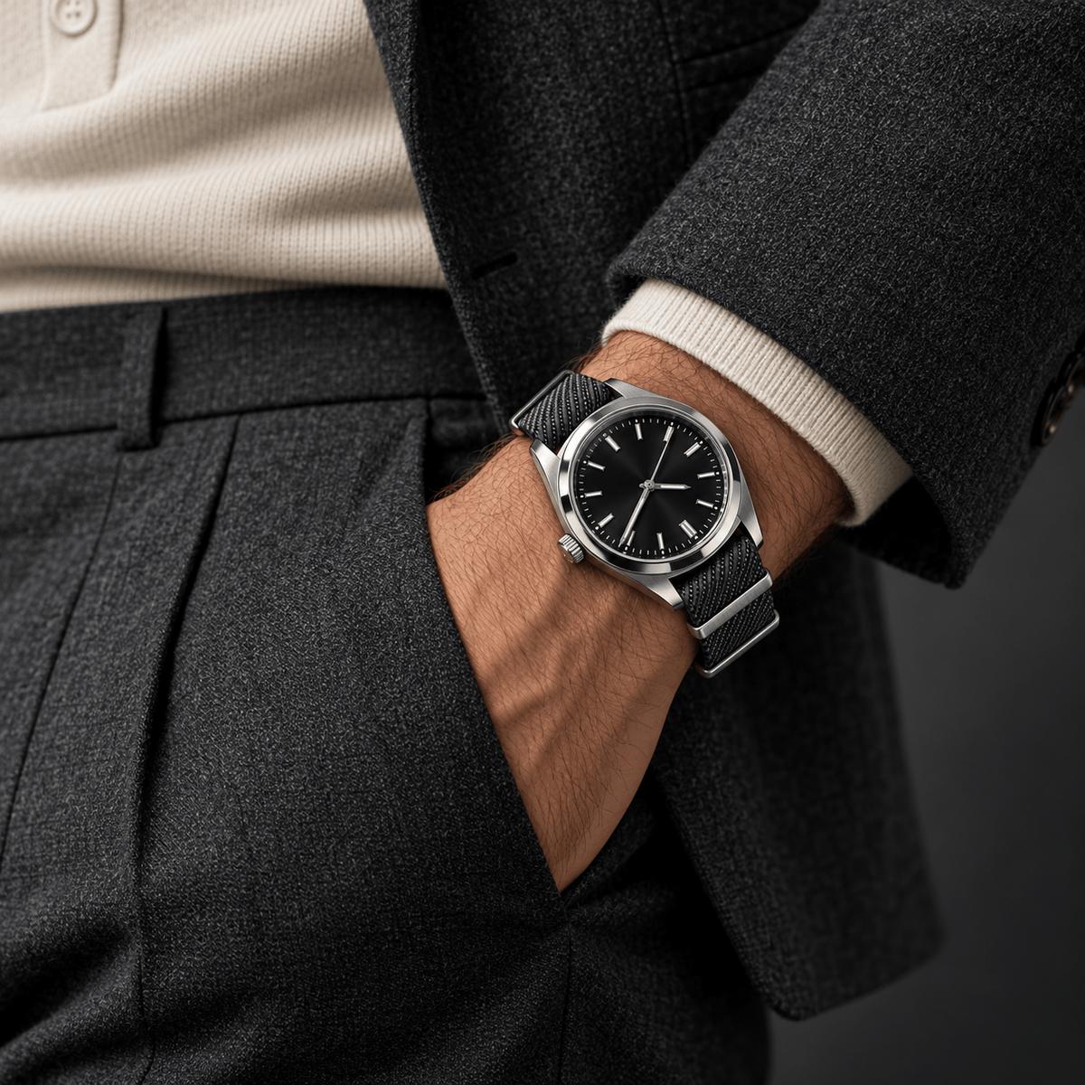 Durchzugsband Cotton – Uhrenarmband aus Nylon-Gewebe an elegantem Handgelenk in Anzug.