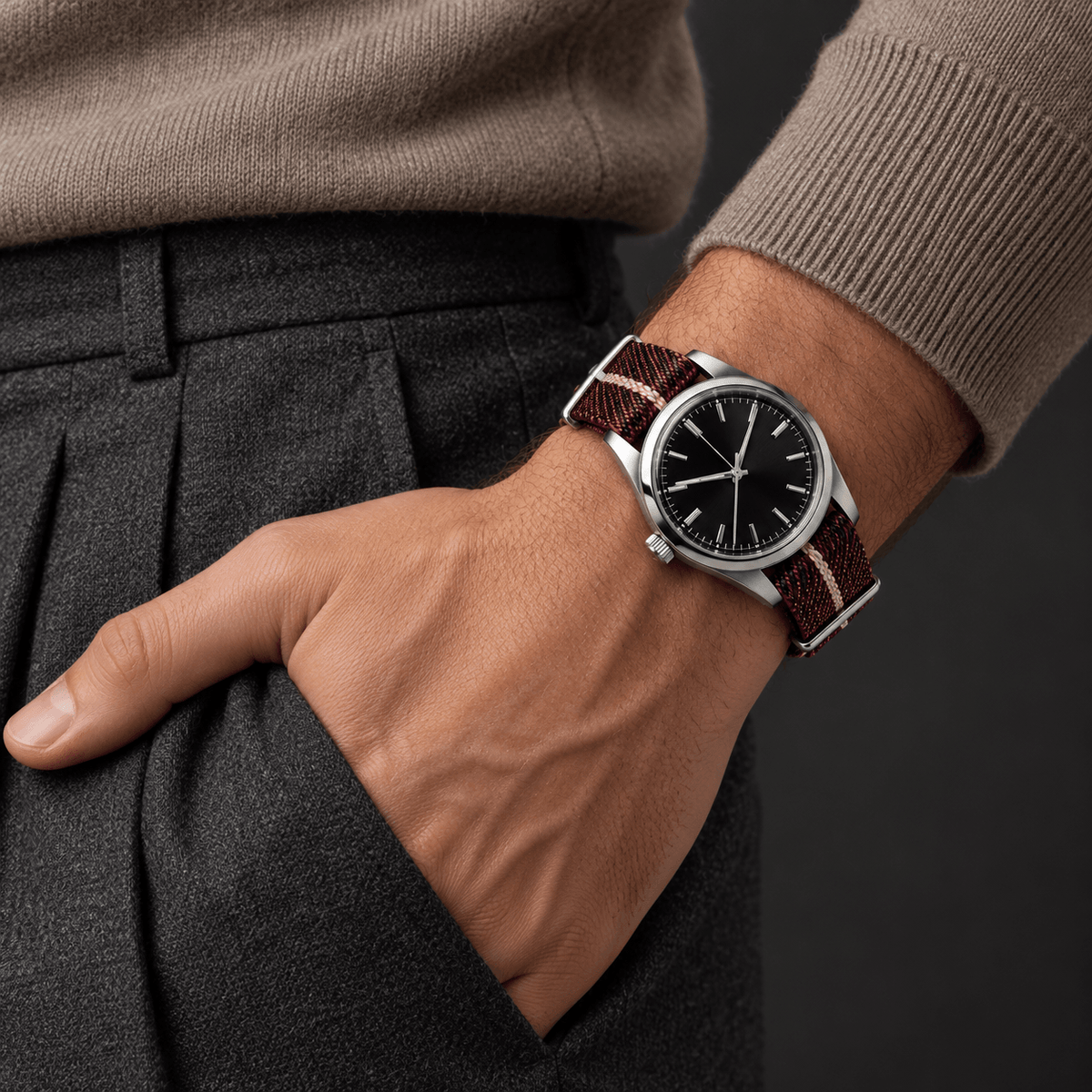 Durchzugsband Cotton – Uhrenarmband aus Nylon-Gewebe an einer Hand, stilvolles Design und Komfort.