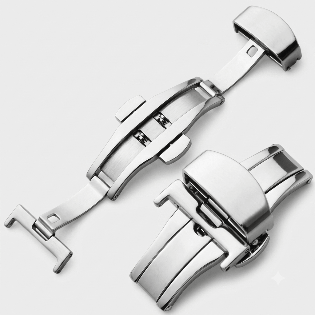Edelstahl Faltschließe für Leder-Uhrenarmbänder im stilvollen Butterfly-Design in Silber