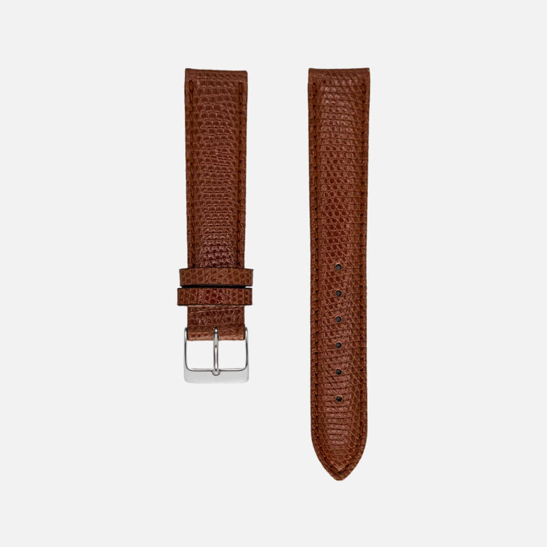 Echt Eidechse Leder Uhrenarmband in Braun, luxuriöses und langlebiges Armband aus artengeschütztem Eidechsenleder, hergestellt in Deutschland.
