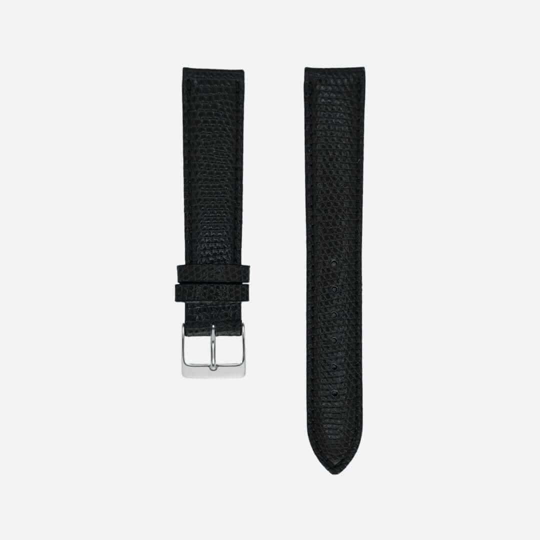 Luxurious Echt Eidechse Leder Uhrenarmband in black with fine texture and silver buckle, perfect for elegant watches.