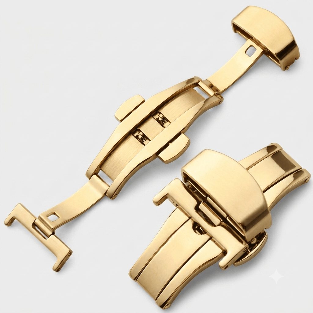 Edelstahl Faltschließe für Leder-Uhrenarmbänder in gold mit elegantem Butterfly-Design und praktischer Handhabung.