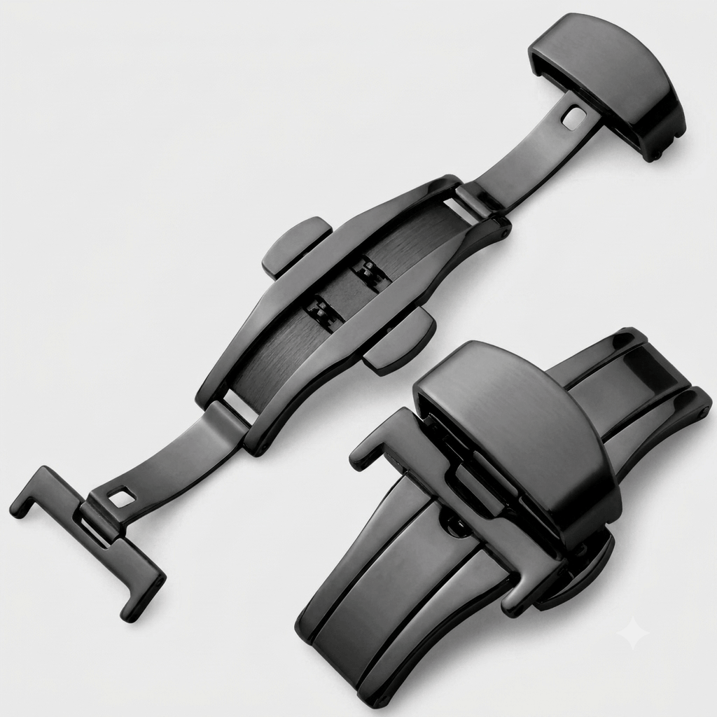 Edelstahl Faltschließe für Leder-Uhrenarmbänder in schwarzem Design, ideal für Bandstärken bis 4 mm.