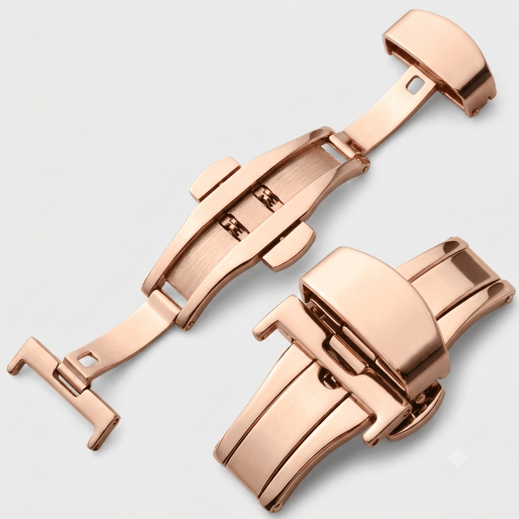 Edelstahl Faltschließe für Leder-Uhrenarmbänder in Rosegold, stilvolles Butterfly-Design, für 4 mm Bandstärke