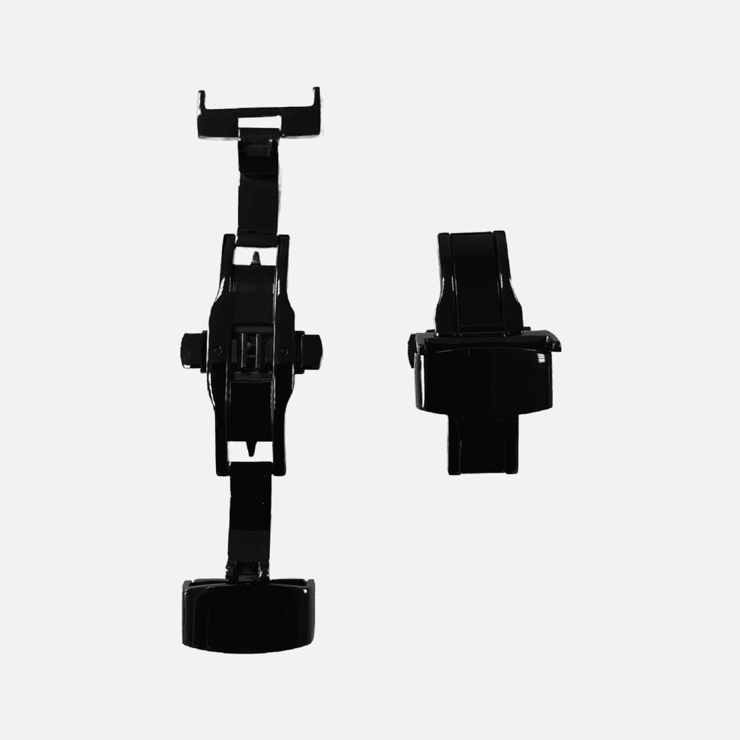 Faltschließe aus Edelstahl in Schwarz, Freisteller, robuster und sicherer Verschlussmechanismus für Armbänder, modern und langlebig