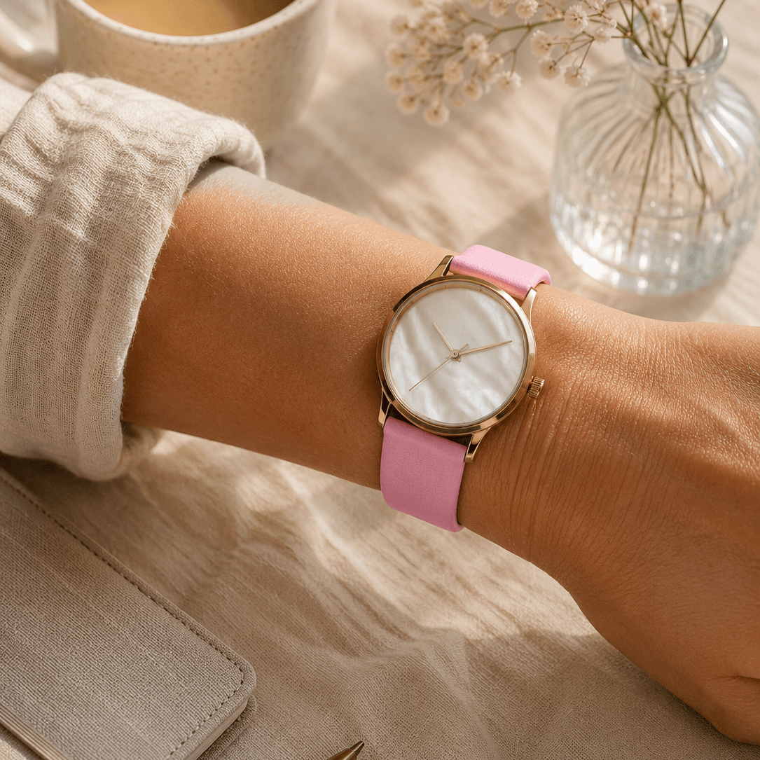 Holiday – Feines Uhrenarmband aus Leder für Damenuhren, pink Lederarmband an Damenuhr, stilvoll und elegant.