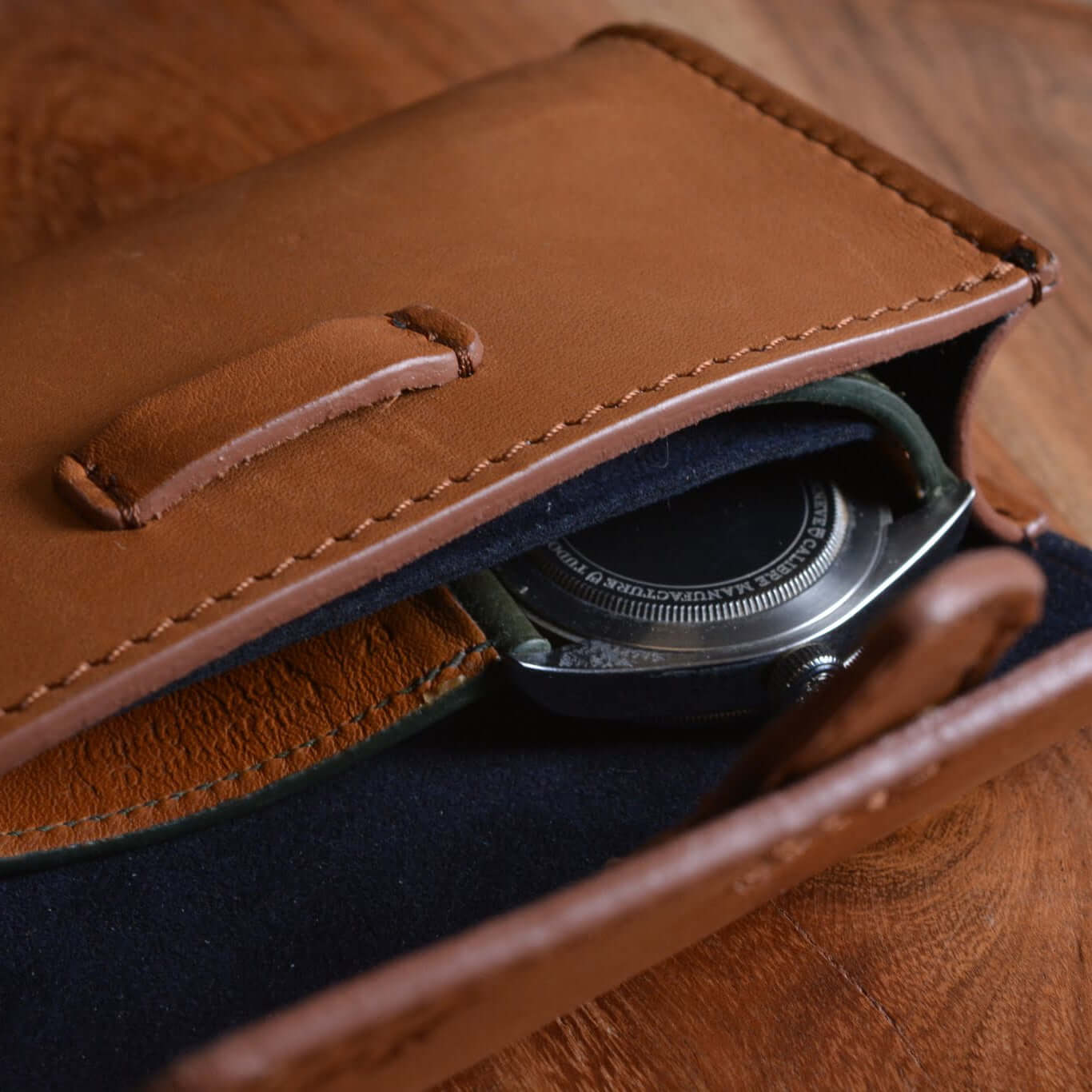 FLUCO x The Urban Gentry – Pocket Watch Case with leather exterior showcased holding a watch, ideal for travel enthusiasts.