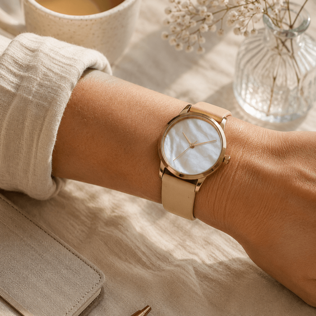 Holiday – Feines Uhrenarmband aus Leder für Damenuhren, elegantes Kalblederarmband in Beige.